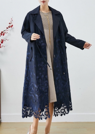 Bohemian Navy Bestickte Krawatte Taille Spandex Trenchcoats Herbst