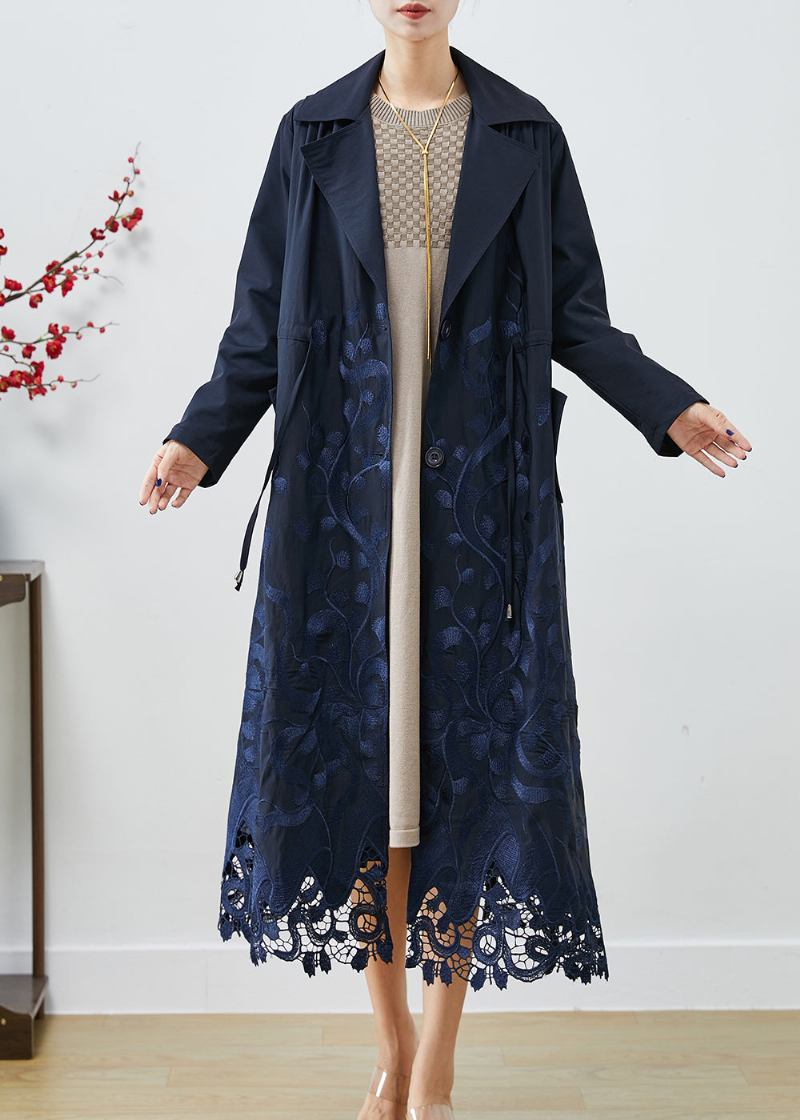 Bohemian Navy Bestickte Krawatte Taille Spandex Trenchcoats Herbst - Damen-Trenchcoats