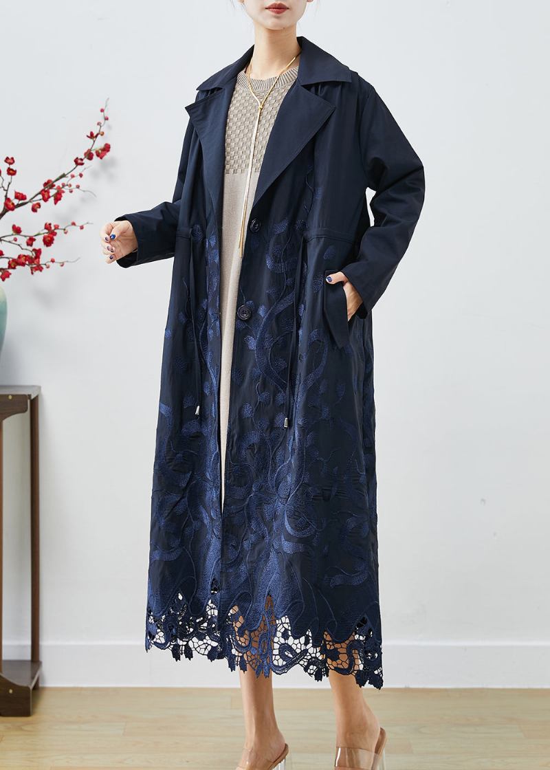 Bohemian Navy Bestickte Krawatte Taille Spandex Trenchcoats Herbst - Damen-Trenchcoats