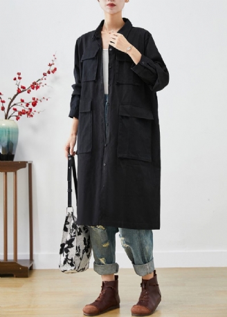 Bohemian Schwarz Übergroße Taschen Baumwolle Trenchcoat Herbst