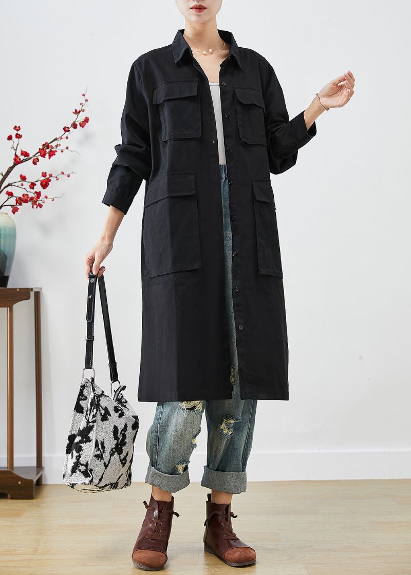 Bohemian Schwarz Übergroße Taschen Baumwolle Trenchcoat Herbst - Damen-Trenchcoats