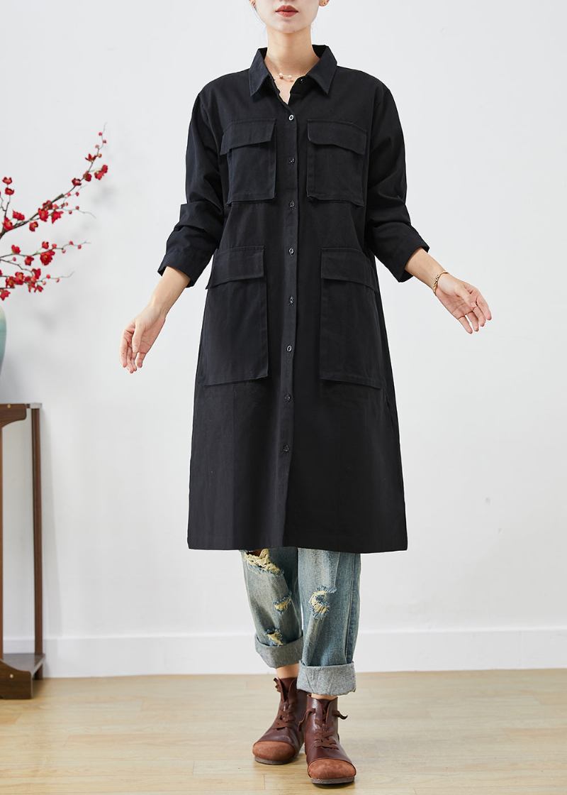 Bohemian Schwarz Übergroße Taschen Baumwolle Trenchcoat Herbst - Damen-Trenchcoats