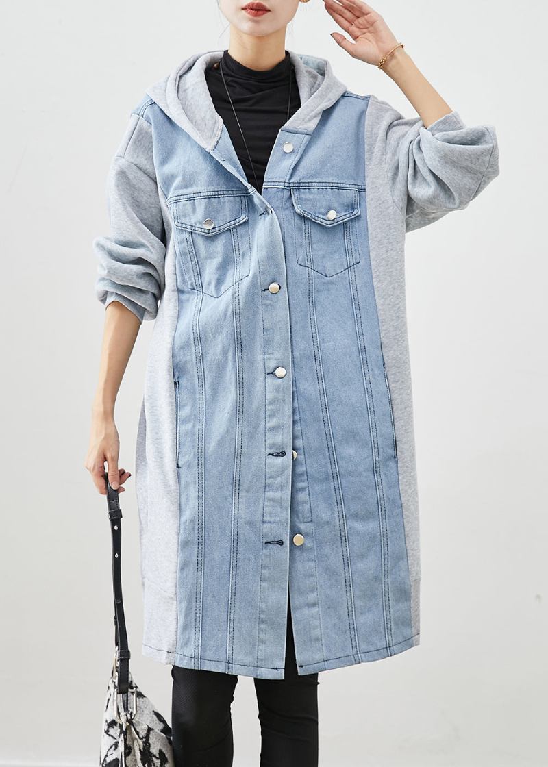 Boho Blau Kapuzen Denim Patchwork Baumwolle Trenchcoat Herbst