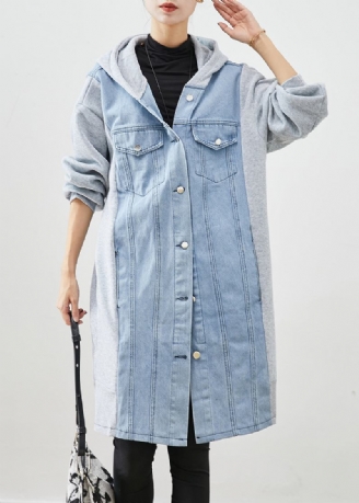 Boho Blau Kapuzen Denim Patchwork Baumwolle Trenchcoat Herbst