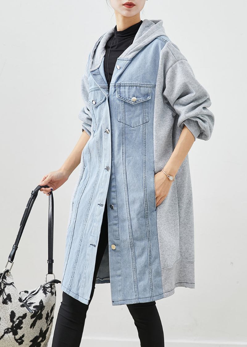 Boho Blau Kapuzen Denim Patchwork Baumwolle Trenchcoat Herbst - Damen-Trenchcoats