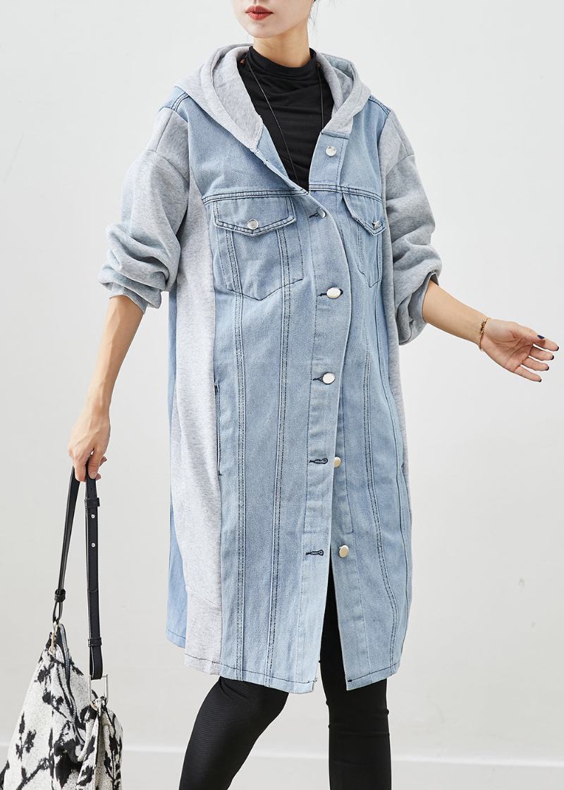 Boho Blau Kapuzen Denim Patchwork Baumwolle Trenchcoat Herbst - Damen-Trenchcoats