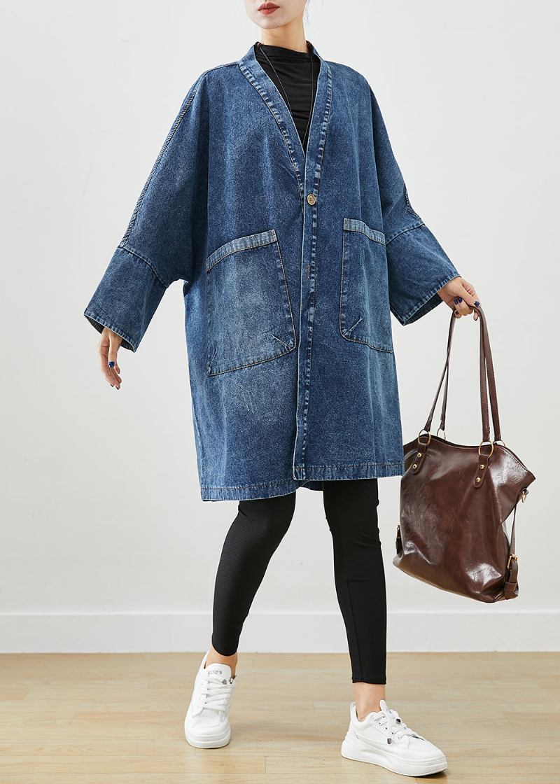 Boho Blau Übergroße Taschen Denim Trenchcoats Fledermausärmel - Damen-Trenchcoats