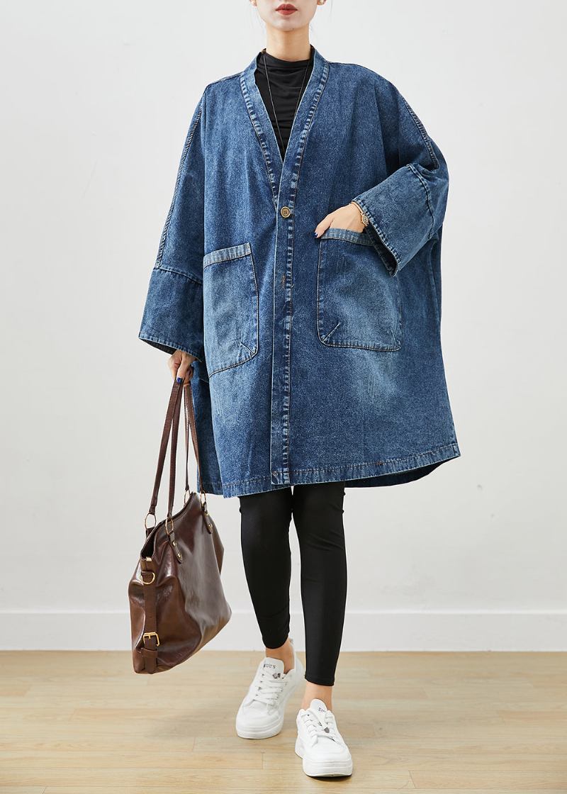 Boho Blau Übergroße Taschen Denim Trenchcoats Fledermausärmel - Damen-Trenchcoats