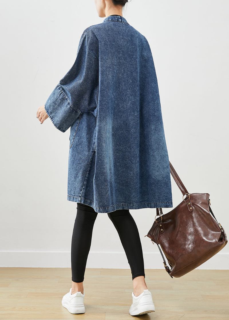 Boho Blau Übergroße Taschen Denim Trenchcoats Fledermausärmel - Damen-Trenchcoats