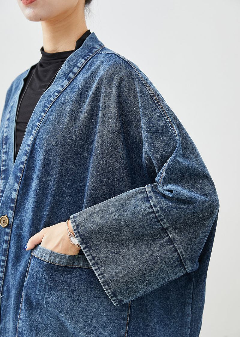 Boho Blau Übergroße Taschen Denim Trenchcoats Fledermausärmel - Damen-Trenchcoats