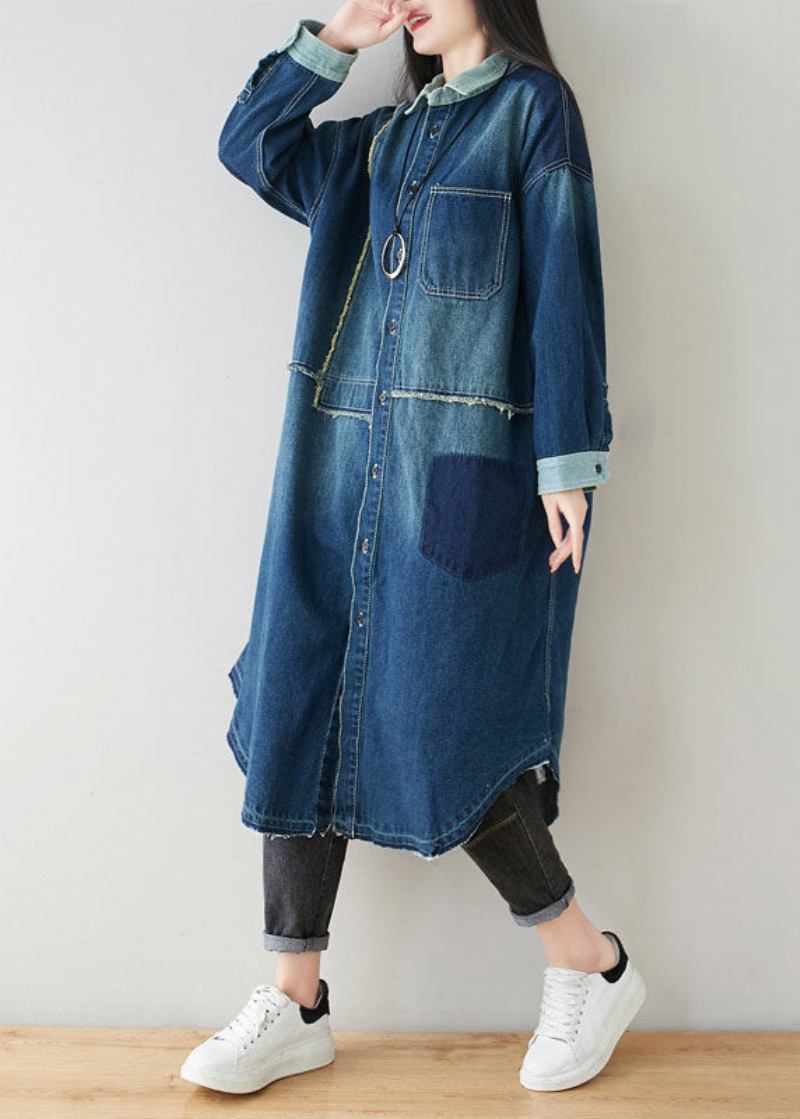 Boho Denim Blau Peter Pan Kragen Patchwork Übergroßen Baumwolle Trenchcoat Frühling