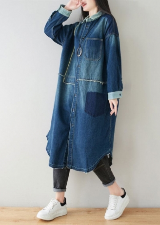 Boho Denim Blau Peter Pan Kragen Patchwork Übergroßen Baumwolle Trenchcoat Frühling