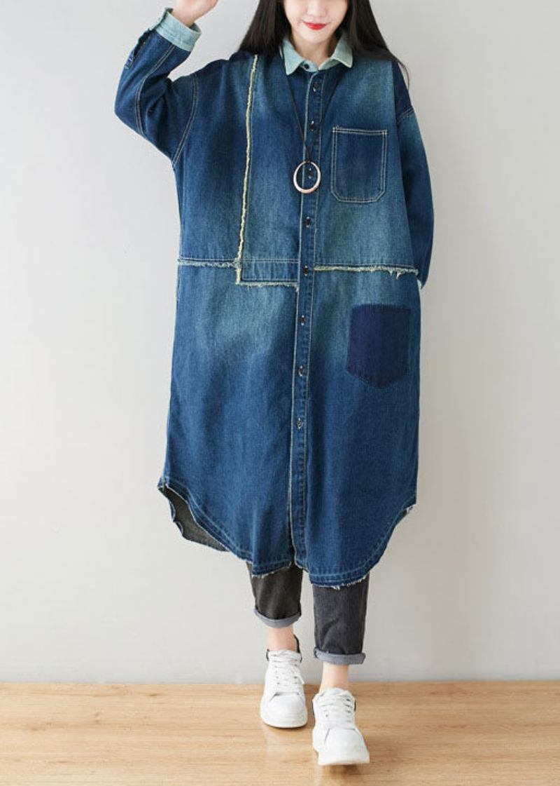 Boho Denim Blau Peter Pan Kragen Patchwork Übergroßen Baumwolle Trenchcoat Frühling - Damen-Trenchcoats