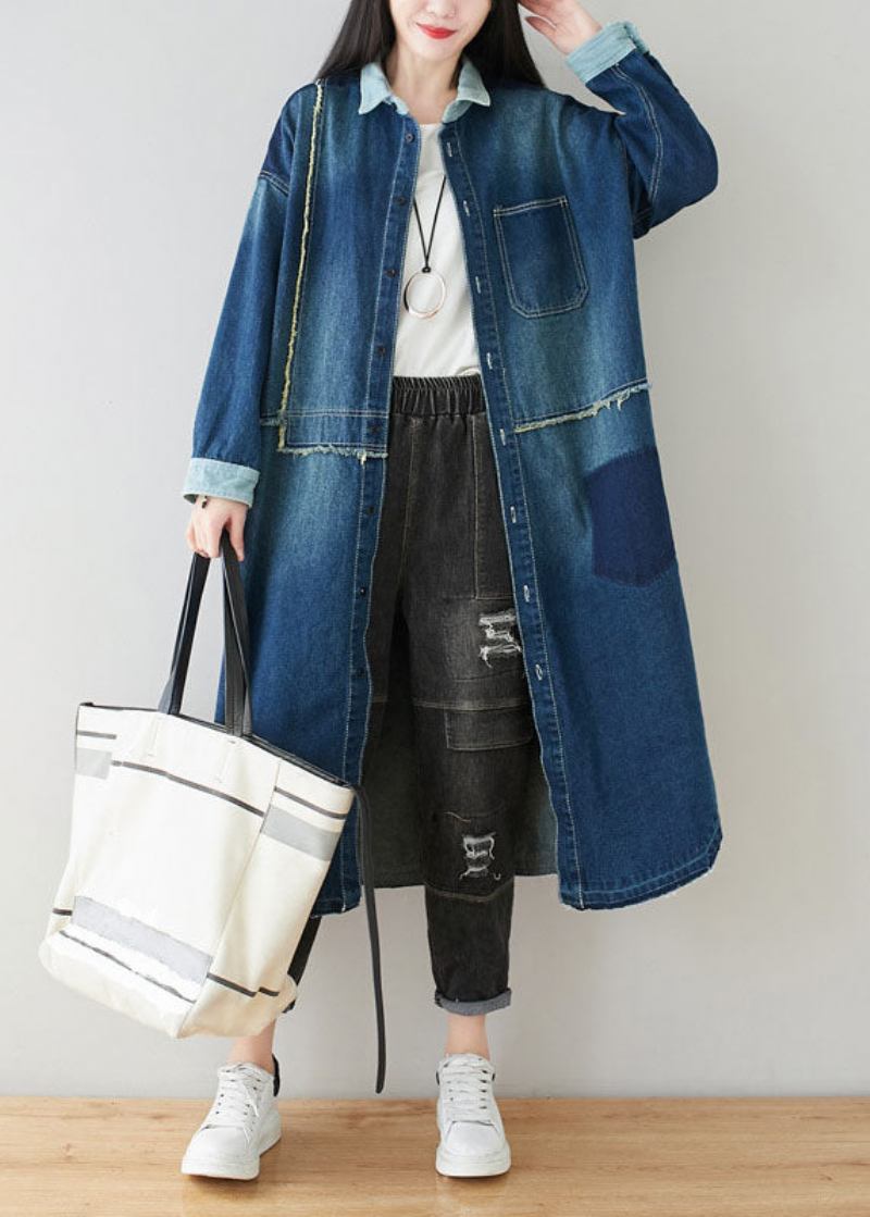 Boho Denim Blau Peter Pan Kragen Patchwork Übergroßen Baumwolle Trenchcoat Frühling - Damen-Trenchcoats