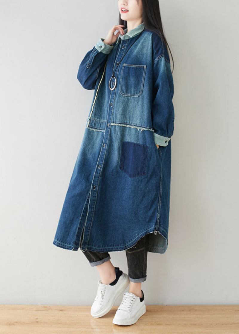 Boho Denim Blau Peter Pan Kragen Patchwork Übergroßen Baumwolle Trenchcoat Frühling - Damen-Trenchcoats