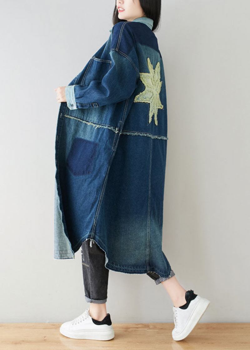 Boho Denim Blau Peter Pan Kragen Patchwork Übergroßen Baumwolle Trenchcoat Frühling - Damen-Trenchcoats