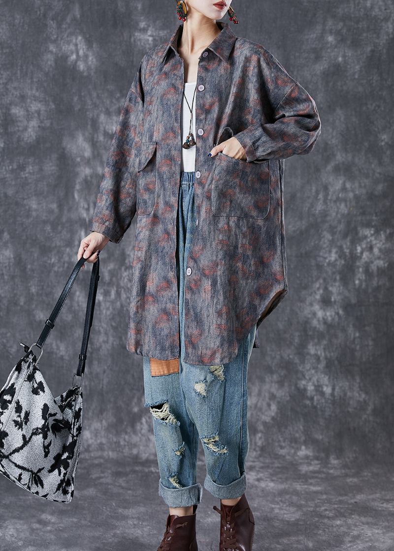 Boho Grau Übergroße Batiktaschen Baumwolljacken Herbst - Damen-Trenchcoats