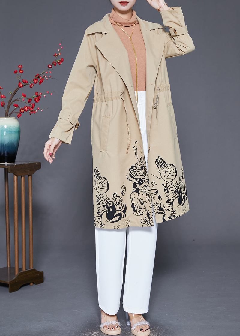 Boho Khaki Cinched Print Baumwollmantel Outwear Herbst - Damen-Trenchcoats