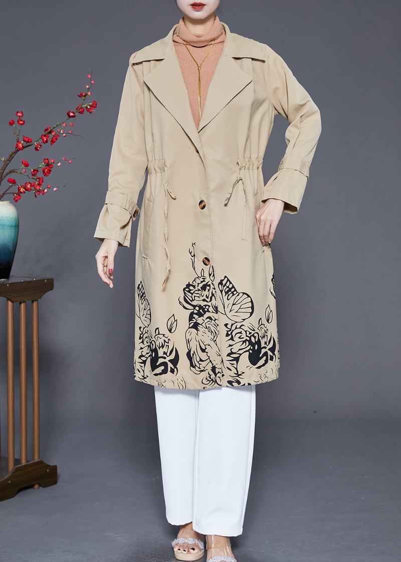 Boho Khaki Cinched Print Baumwollmantel Outwear Herbst - Damen-Trenchcoats