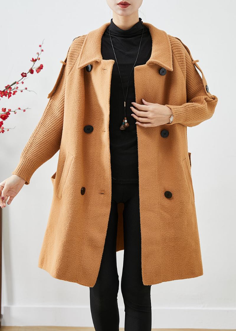 Boho Licht Kamel Zweireiher Patchwork Stricken Wolle Trenchcoats Herbst - Damen-Trenchcoats