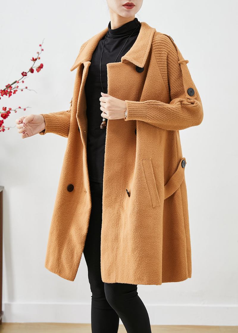 Boho Licht Kamel Zweireiher Patchwork Stricken Wolle Trenchcoats Herbst - Damen-Trenchcoats