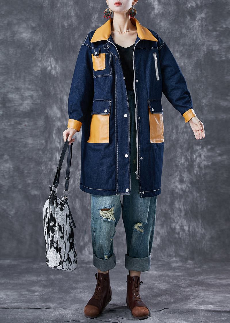 Boho Navy Übergroße Patchwork Taschen Denim Mantel Outwear Herbst - Damen-Trenchcoats