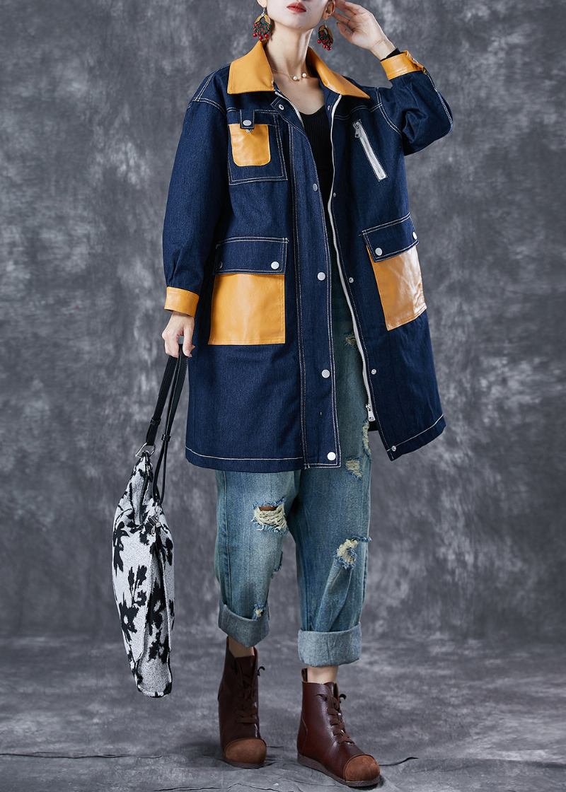 Boho Navy Übergroße Patchwork Taschen Denim Mantel Outwear Herbst - Damen-Trenchcoats