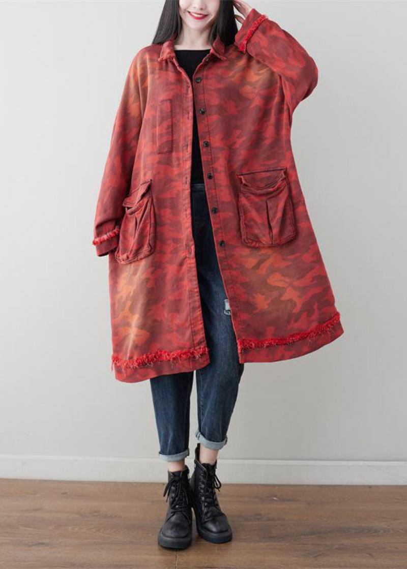 Boho Rot Übergroße Patchwork Taschen Baumwolle Trenchcoat Frühling