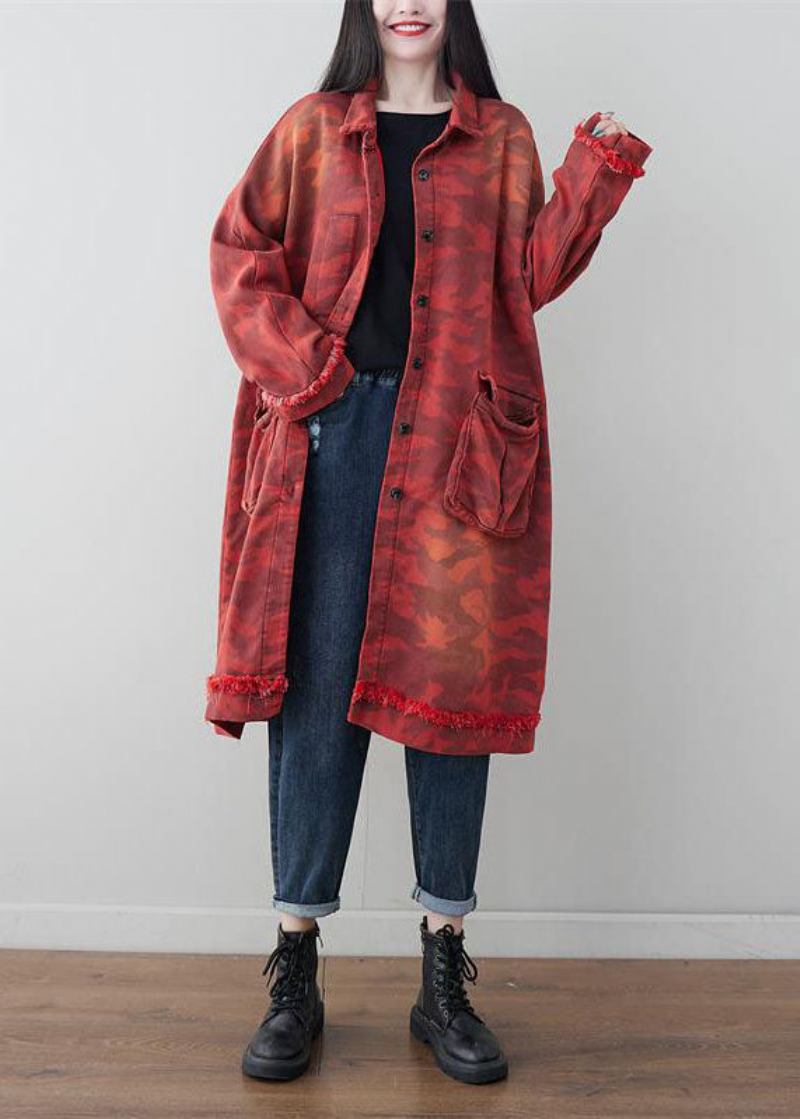 Boho Rot Übergroße Patchwork Taschen Baumwolle Trenchcoat Frühling - Damen-Trenchcoats