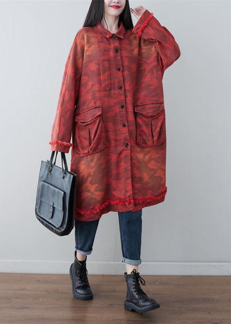 Boho Rot Übergroße Patchwork Taschen Baumwolle Trenchcoat Frühling - Damen-Trenchcoats