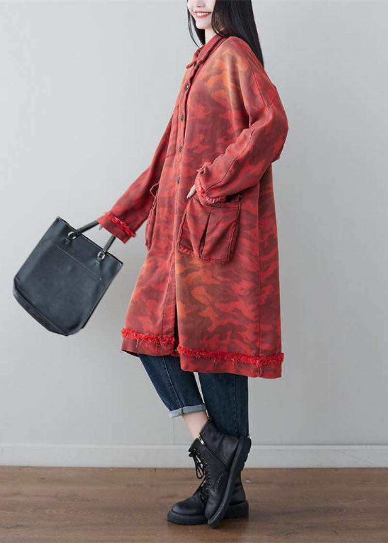 Boho Rot Übergroße Patchwork Taschen Baumwolle Trenchcoat Frühling - Damen-Trenchcoats