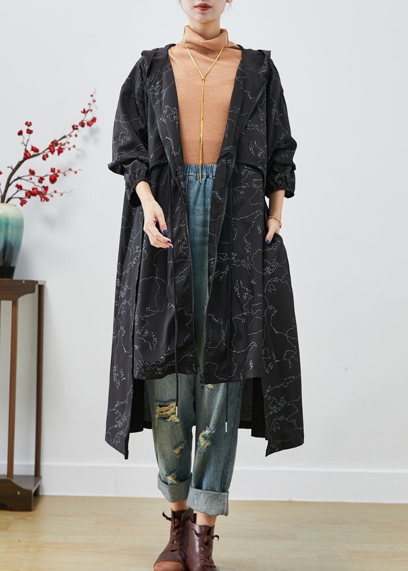 Boho Schwarz Asymmetrische Print Kordelzug Spandex Trenchcoats Herbst