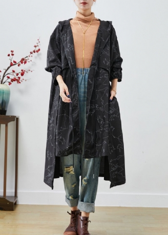 Boho Schwarz Asymmetrische Print Kordelzug Spandex Trenchcoats Herbst