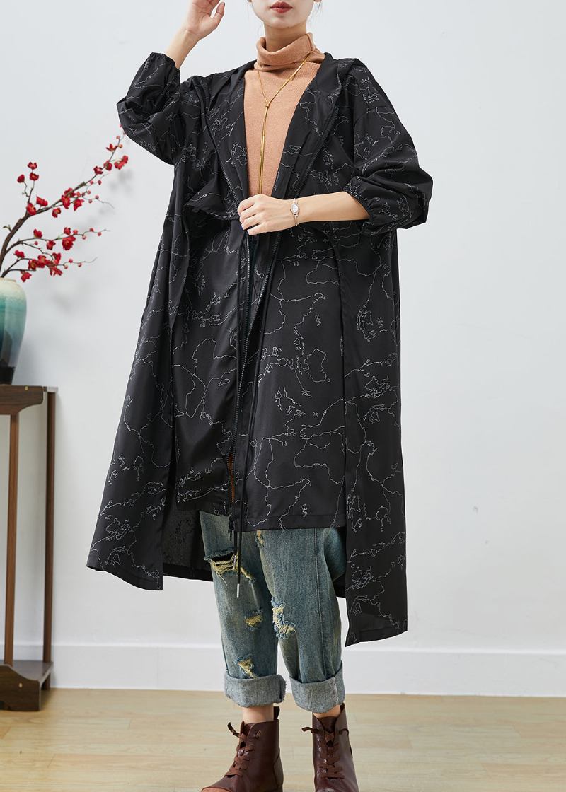 Boho Schwarz Asymmetrische Print Kordelzug Spandex Trenchcoats Herbst - Damen-Trenchcoats