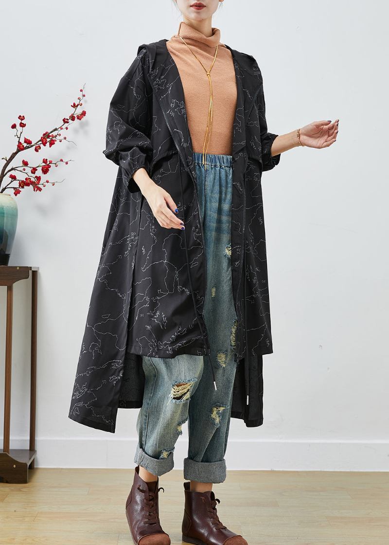 Boho Schwarz Asymmetrische Print Kordelzug Spandex Trenchcoats Herbst - Damen-Trenchcoats