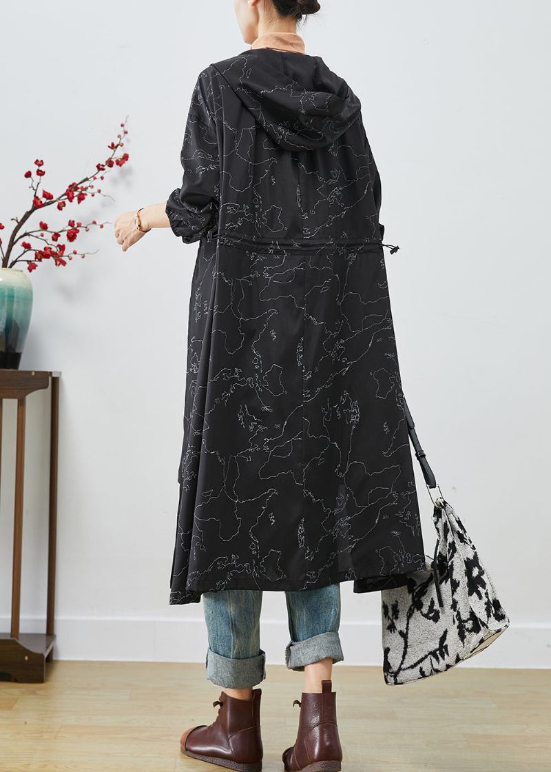 Boho Schwarz Asymmetrische Print Kordelzug Spandex Trenchcoats Herbst - Damen-Trenchcoats