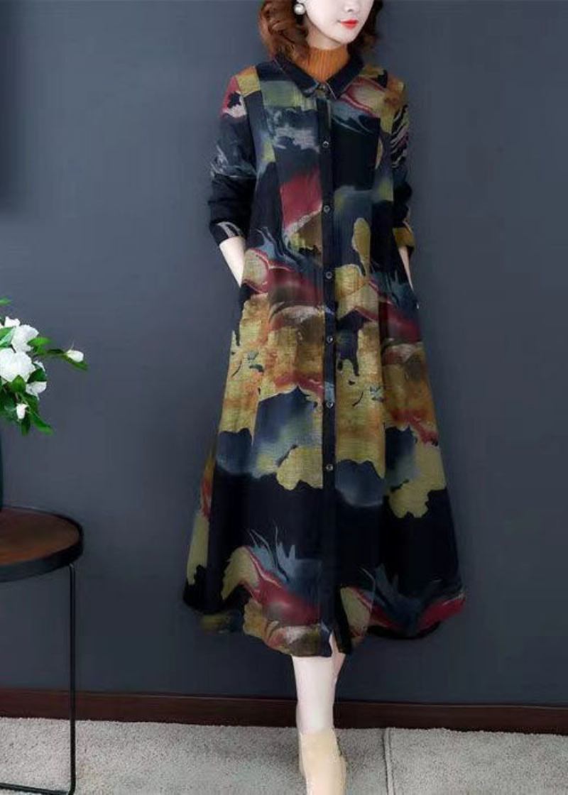 Boho Schwarz Umlegekragen Print Baumwolle Lange Trenchcoats Langarm