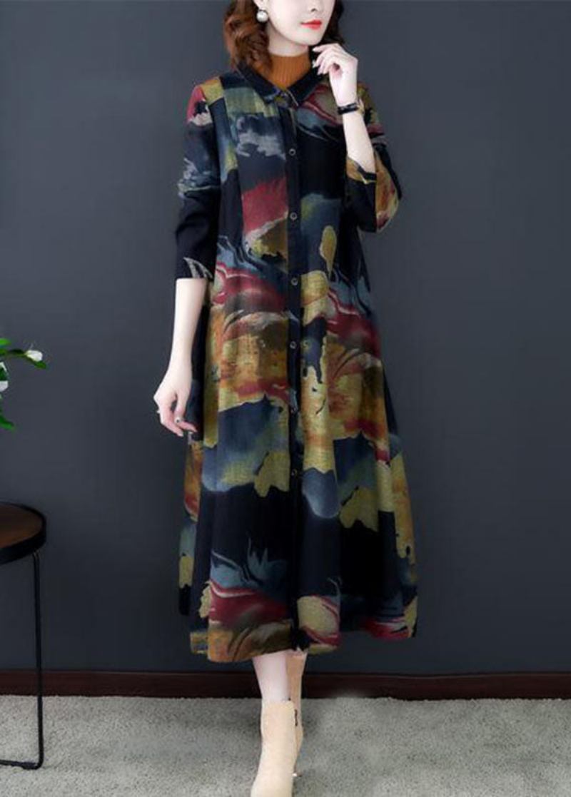 Boho Schwarz Umlegekragen Print Baumwolle Lange Trenchcoats Langarm - Damen-Trenchcoats