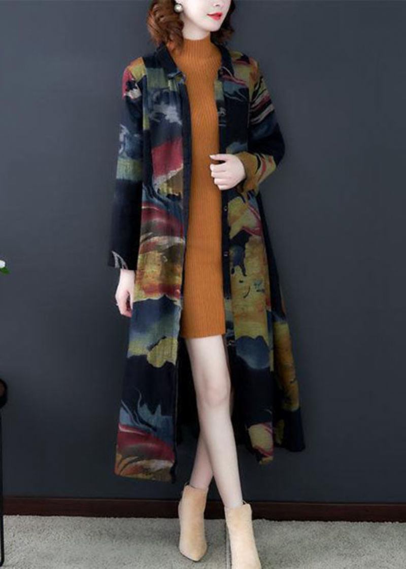 Boho Schwarz Umlegekragen Print Baumwolle Lange Trenchcoats Langarm - Damen-Trenchcoats