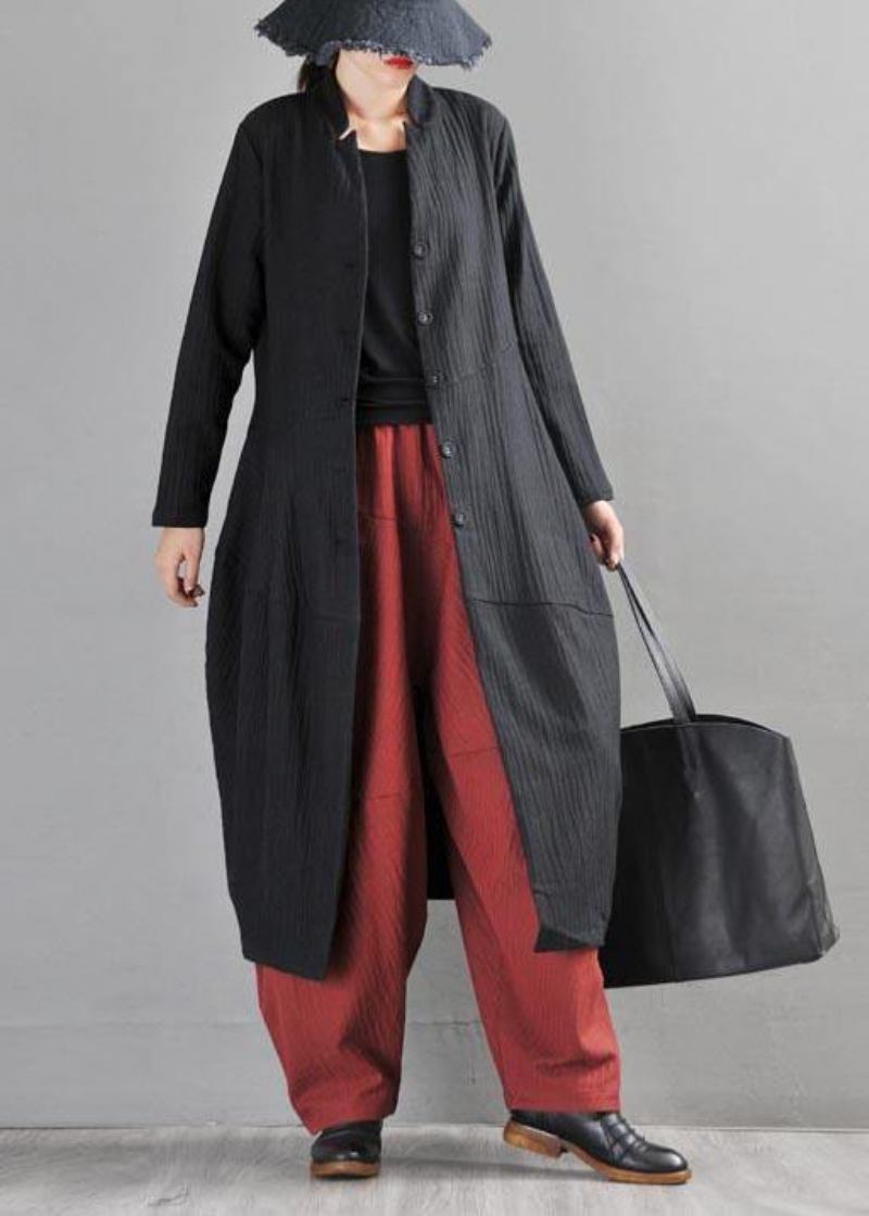 Boho Trenchcoat Aus Schwarzem Leinen Mit Langen Knöpfen