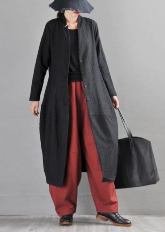 Boho Trenchcoat Aus Schwarzem Leinen Mit Langen Knöpfen