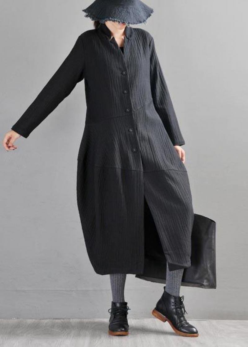 Boho Trenchcoat Aus Schwarzem Leinen Mit Langen Knöpfen - Schwarz