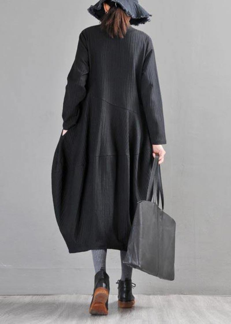 Boho Trenchcoat Aus Schwarzem Leinen Mit Langen Knöpfen - Schwarz