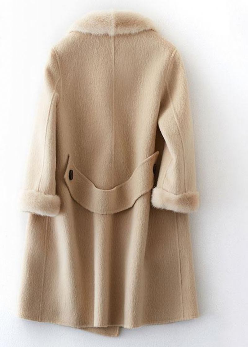 Boutique Beige Wollmäntel Übergröße Mittellange Jacken Pelzkragen Mantel Zweireiher - Damen-Trenchcoats