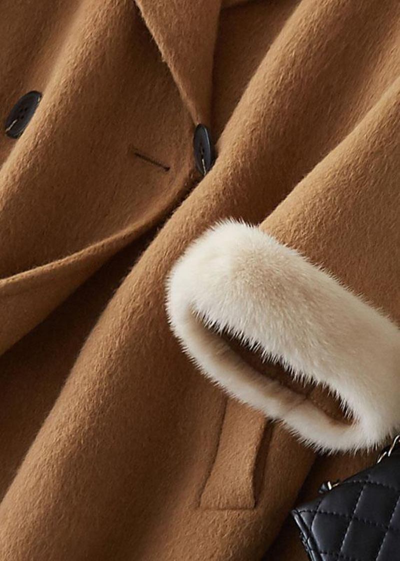 Boutique Beige Wollmäntel Übergröße Mittellange Jacken Pelzkragen Mantel Zweireiher - Damen-Trenchcoats