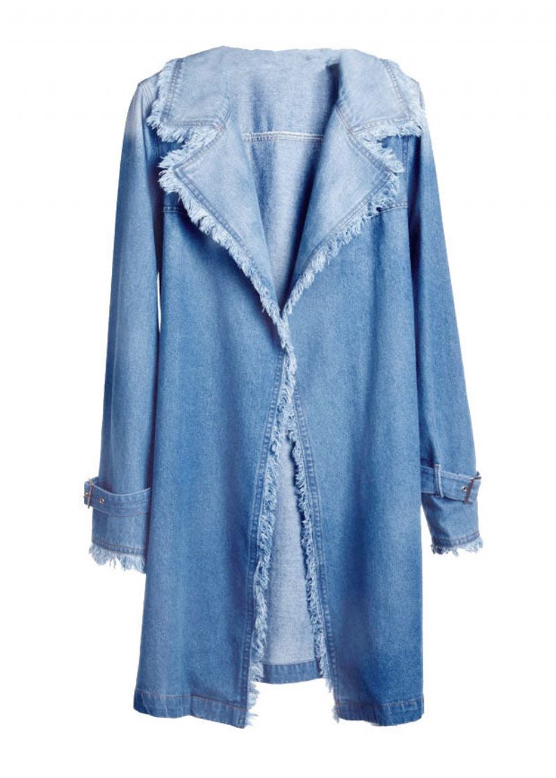 Boutique Blau Peter Pan Kragen Taschen Krawatte Taille Patchwork Denim Trenchcoat Herbst - Damen-Trenchcoats