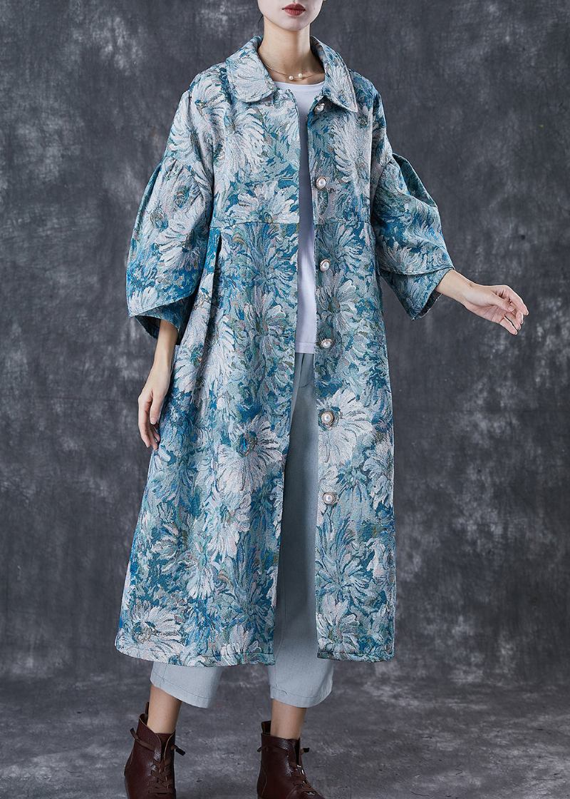 Boutique Blau Übergroße Daisy Print Baumwolle Trenchcoats Frühling - Damen-Trenchcoats