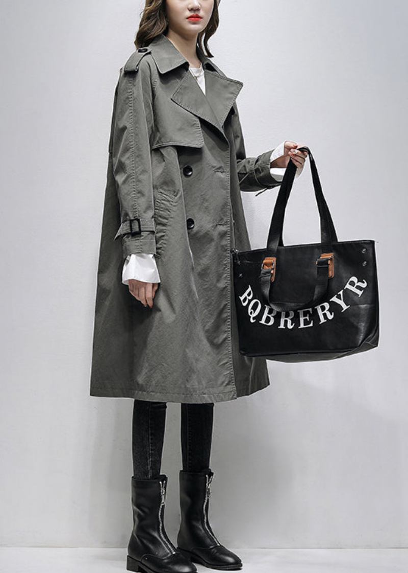 Boutique Grauer Trenchcoat Aus Baumwolle Mit Taschen Und Bindegürtel