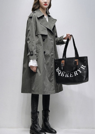 Boutique Grauer Trenchcoat Aus Baumwolle Mit Taschen Und Bindegürtel