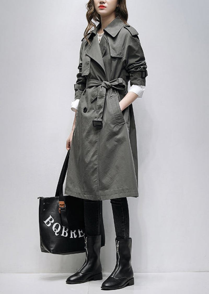 Boutique Grauer Trenchcoat Aus Baumwolle Mit Taschen Und Bindegürtel - Damen-Trenchcoats